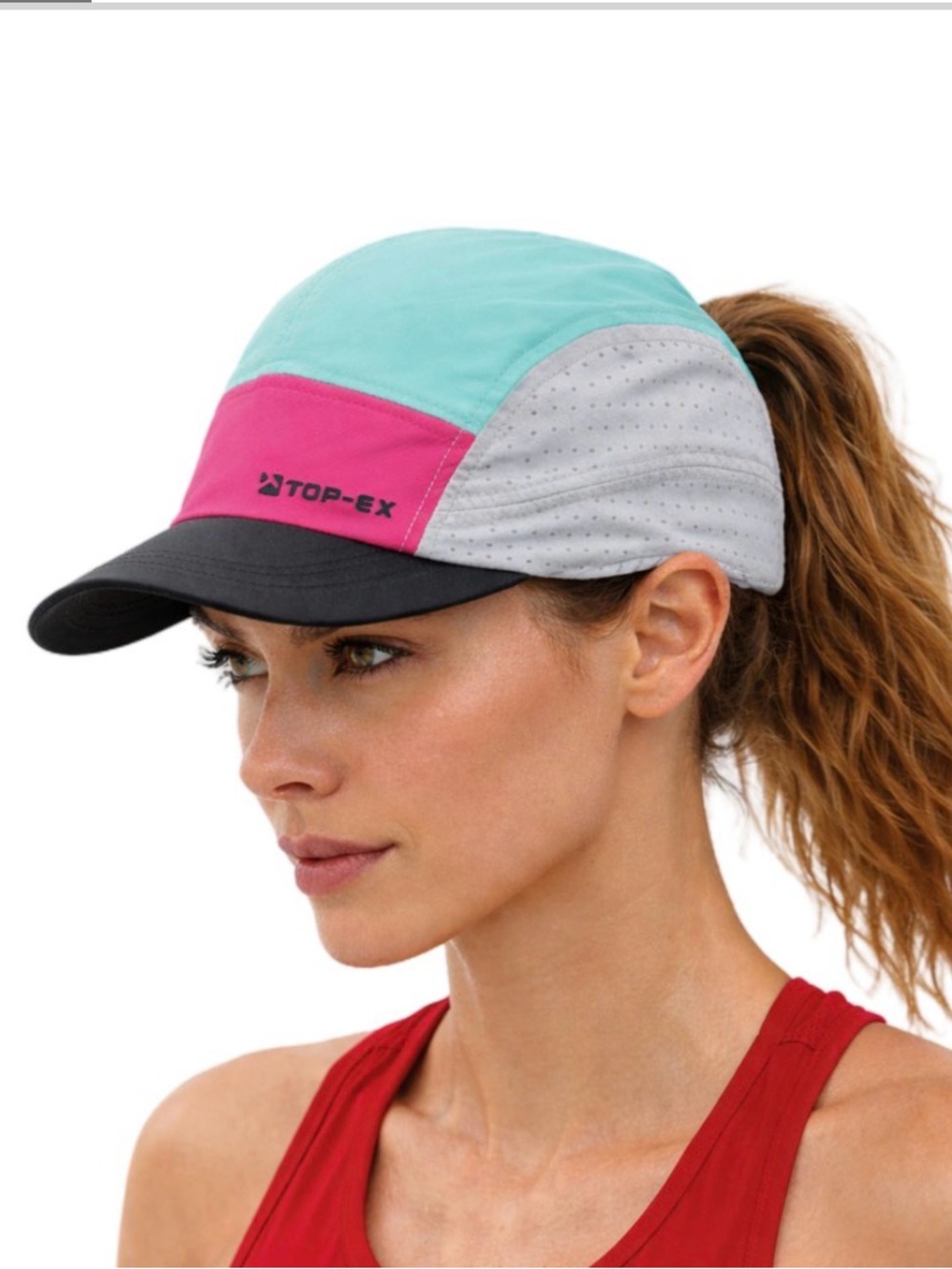 Women's Cooling Colorblock Running Ponytail Hat in Teal/Pink/Gray